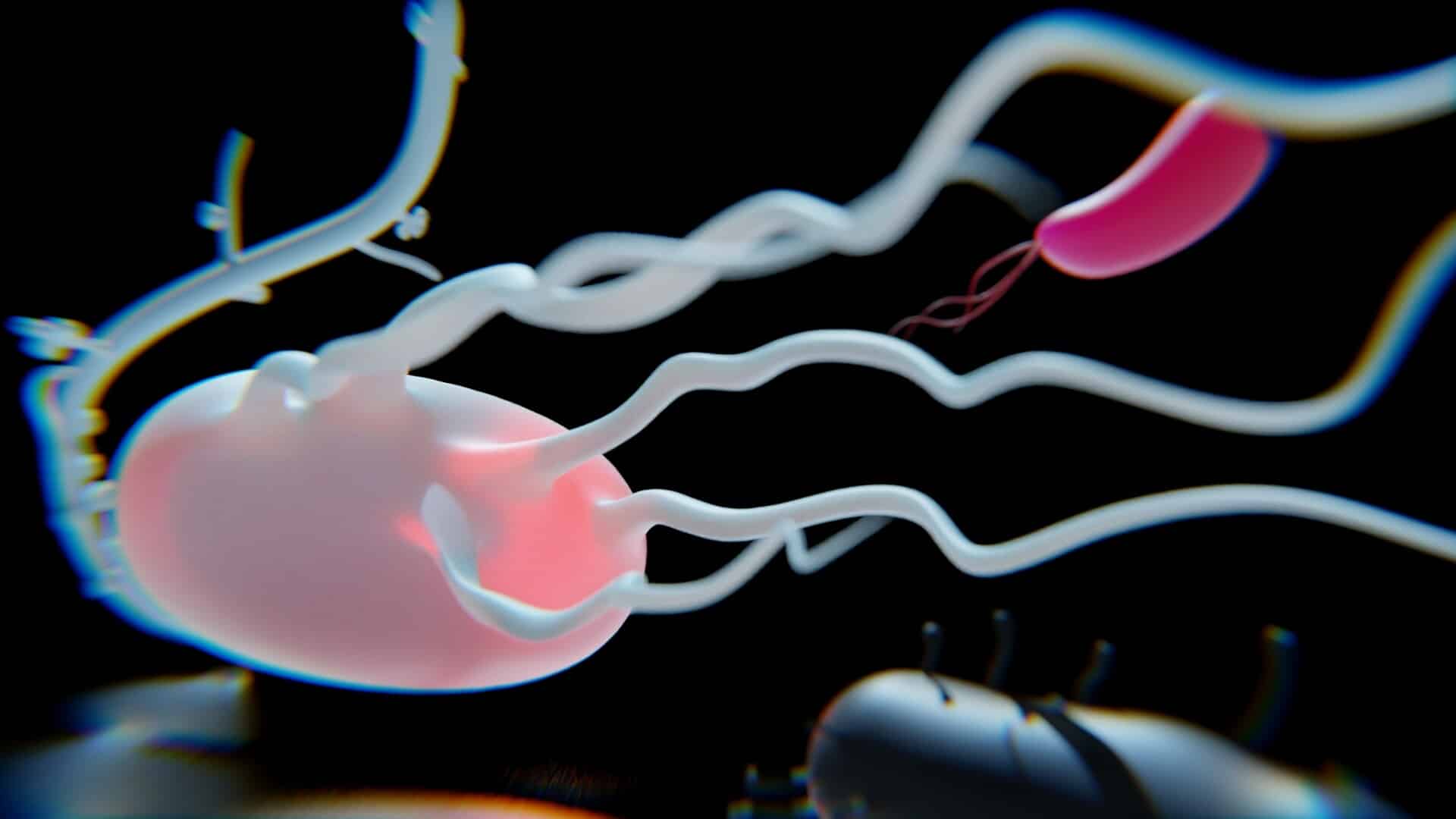 This is a close up image of a bacteria with tentacles. It is moving through the air surrounded by other bacteria.