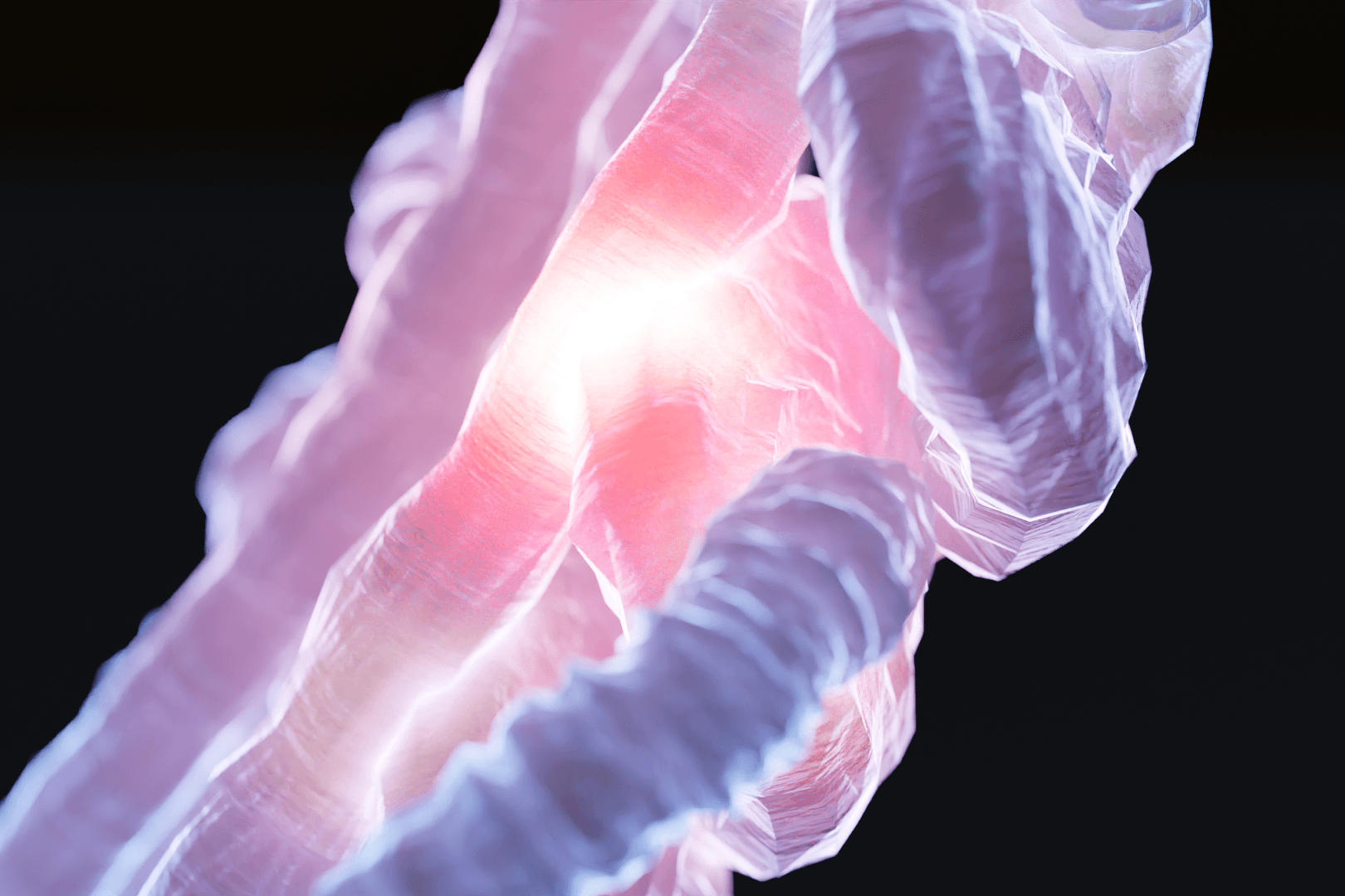 This is a close up image of a nerve axon, showing a glowing center where the nerve propagates.